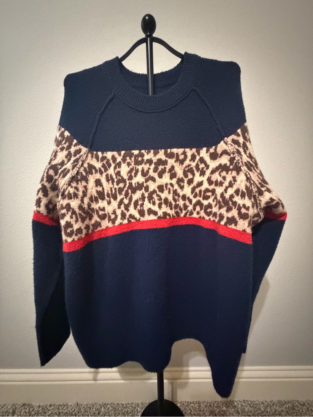 aerie Navy Leopard Crewneck Sweater with Red Stripe
